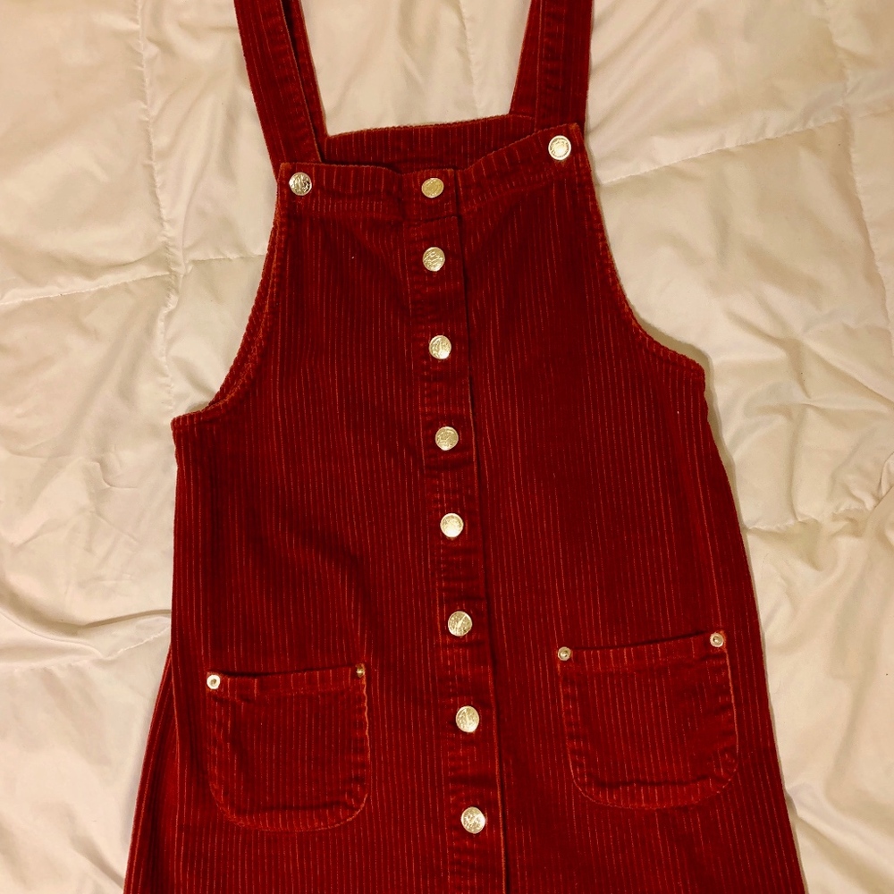 Red corduroy overall button-up dress